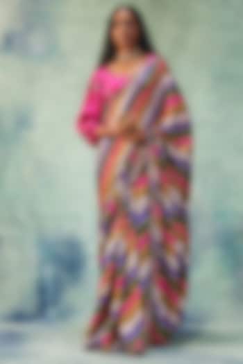 Multi-Colored Satin Silk Stripe Printed & Resham Work Saree Set by Punit Balana